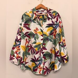 CHICO'S 100% Linen Tropical Shirt Button Front 3/4 Sleeve‎ Women’s 4/US 20, NWOT